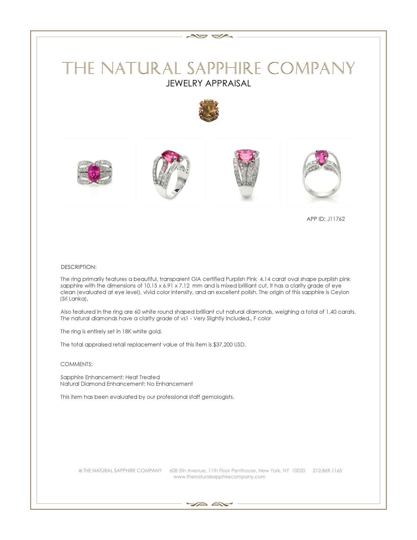 4.14 Ct. Purplish Pink Sapphire and Natural Diamond Pave Ring, 18K White Gold