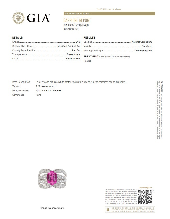 4.14 Ct. Purplish Pink Sapphire and Natural Diamond Pave Ring, 18K White Gold