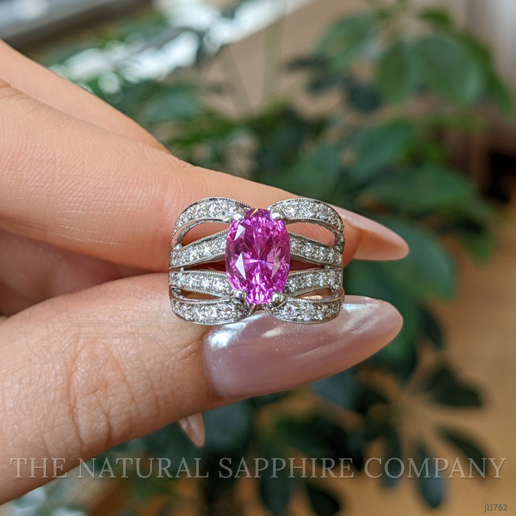 4.14 Ct. Purplish Pink Sapphire and Natural Diamond Pave Ring, 18K White Gold