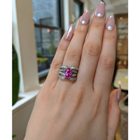 4.14 Ct. Purplish Pink Sapphire and Natural Diamond Pave Ring, 18K White Gold Life Style