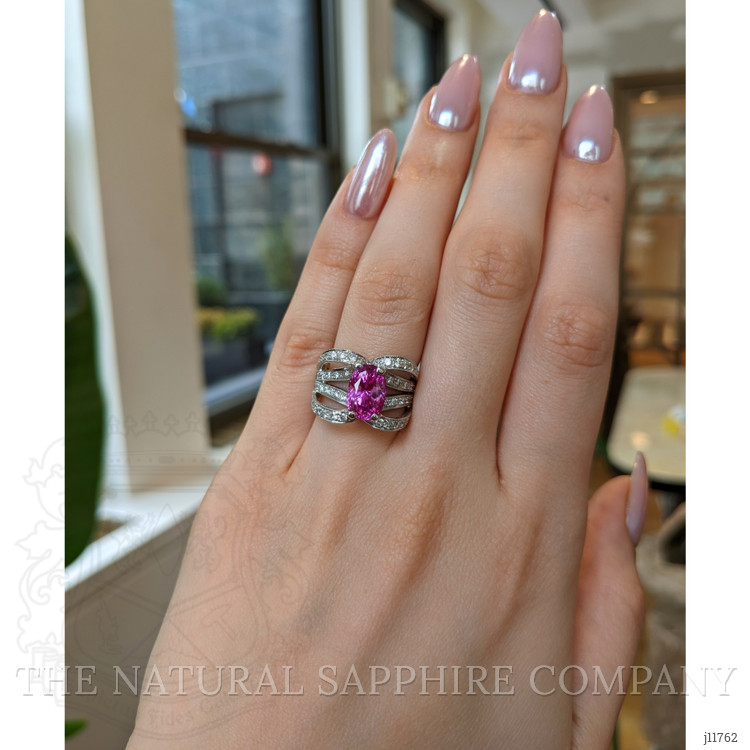 4.14 Ct. Purplish Pink Sapphire and Natural Diamond Pave Ring, 18K White Gold