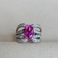 4.14 Ct. Purplish Pink Sapphire and Natural Diamond Pave Ring, 18K White Gold Life Style