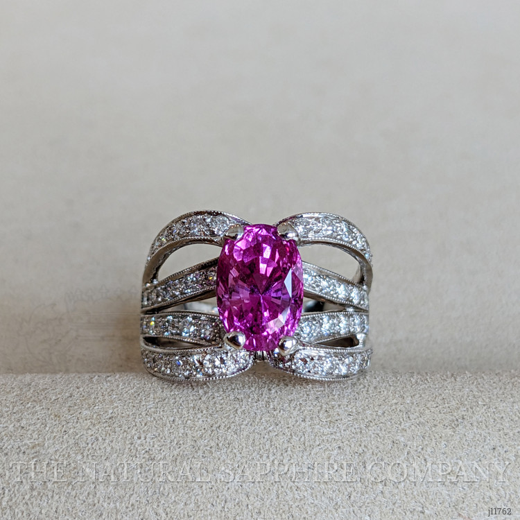 4.14 Ct. Purplish Pink Sapphire and Natural Diamond Pave Ring, 18K White Gold