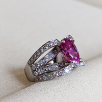 4.14 Ct. Purplish Pink Sapphire and Natural Diamond Pave Ring, 18K White Gold Life Style