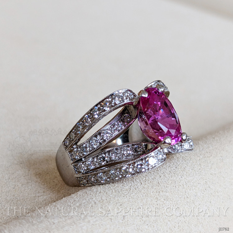 4.14 Ct. Purplish Pink Sapphire and Natural Diamond Pave Ring, 18K White Gold