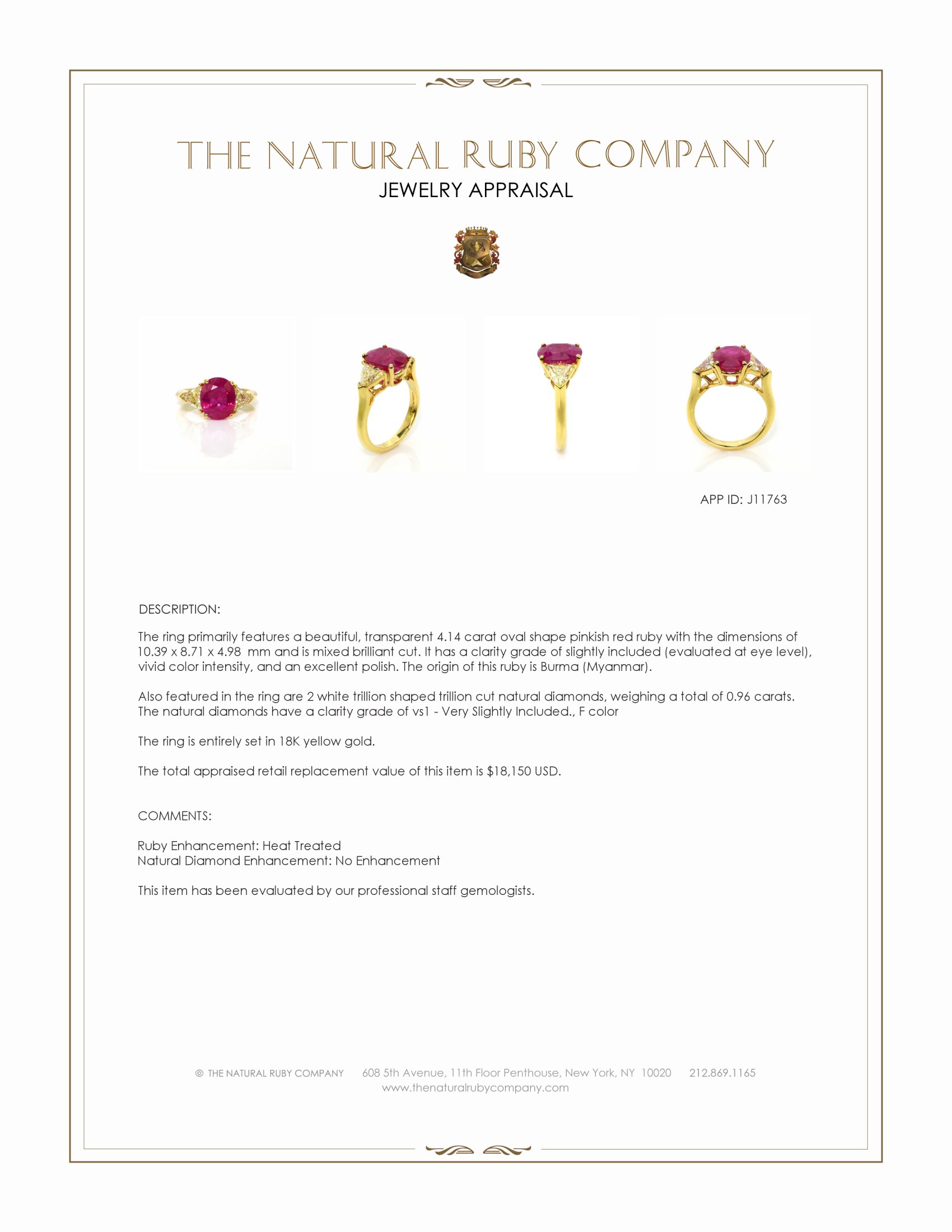 4.14 Ct. Pinkish Red Ruby and Natural Diamond Three Stone Ring, 18K Yellow Gold