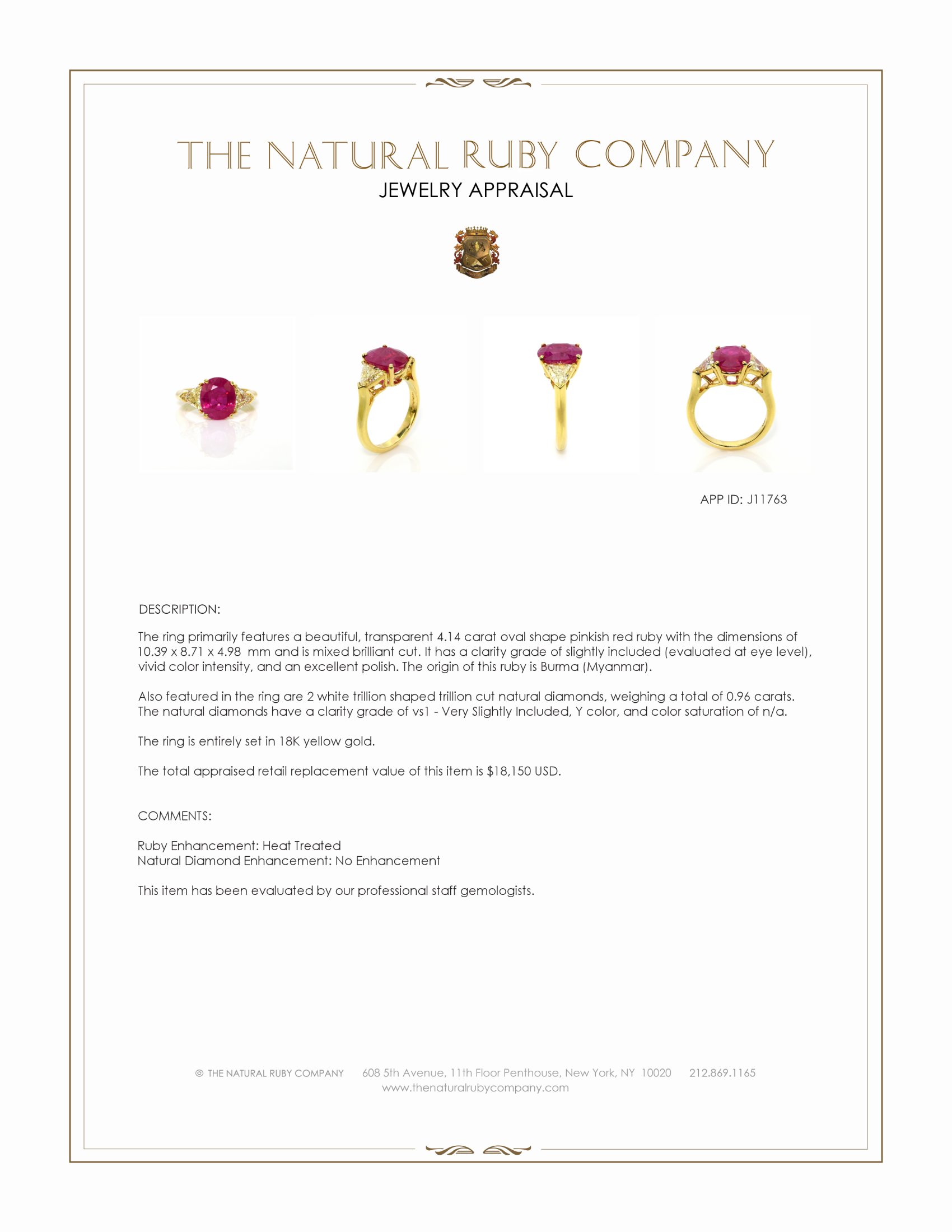 4.14 Ct. Pinkish Red Ruby and Natural Diamond Three Stone Ring, 18K Yellow Gold