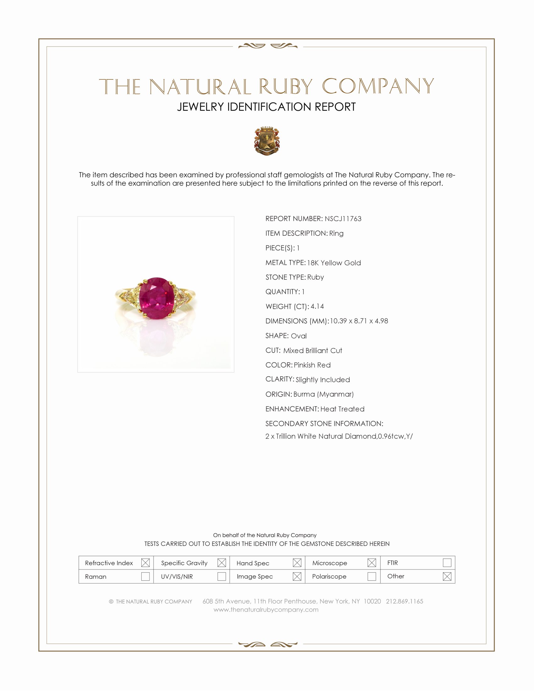 4.14 Ct. Pinkish Red Ruby and Natural Diamond Three Stone Ring, 18K Yellow Gold