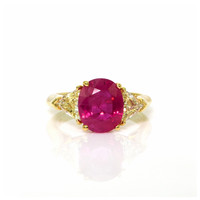 4.14 Ct. Pinkish Red Ruby and Natural Diamond Three Stone Ring, 18K Yellow Gold Video