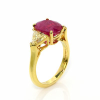 4.14 Ct. Pinkish Red Ruby and Natural Diamond Three Stone Ring, 18K Yellow Gold Image