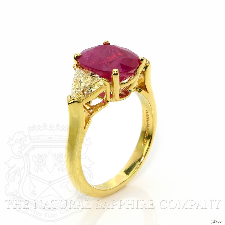 4.14 Ct. Pinkish Red Ruby and Natural Diamond Three Stone Ring, 18K Yellow Gold