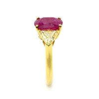 4.14 Ct. Pinkish Red Ruby and Natural Diamond Three Stone Ring, 18K Yellow Gold Image