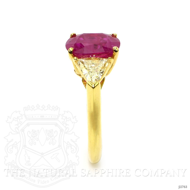 4.14 Ct. Pinkish Red Ruby and Natural Diamond Three Stone Ring, 18K Yellow Gold