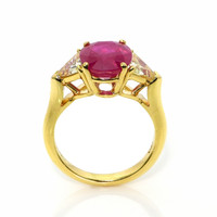 4.14 Ct. Pinkish Red Ruby and Natural Diamond Three Stone Ring, 18K Yellow Gold Image