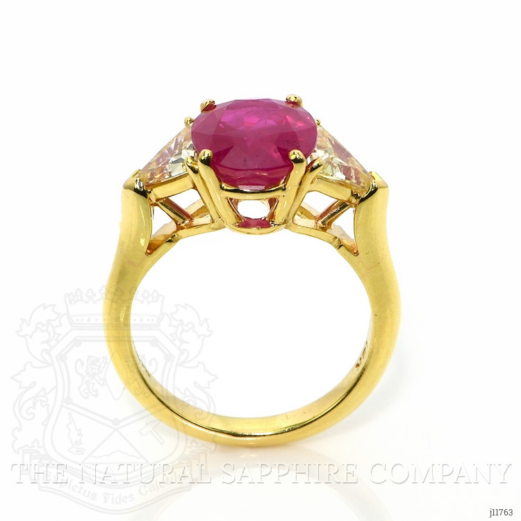 4.14 Ct. Pinkish Red Ruby and Natural Diamond Three Stone Ring, 18K Yellow Gold
