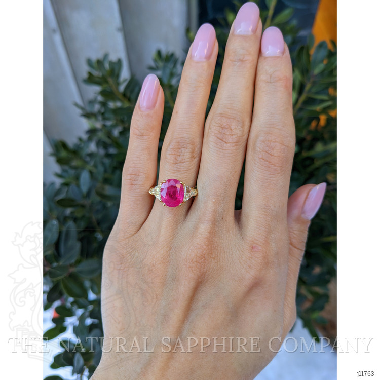 4.14 Ct. Pinkish Red Ruby and Natural Diamond Three Stone Ring, 18K Yellow Gold