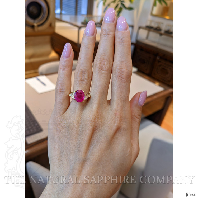 4.14 Ct. Pinkish Red Ruby and Natural Diamond Three Stone Ring, 18K Yellow Gold