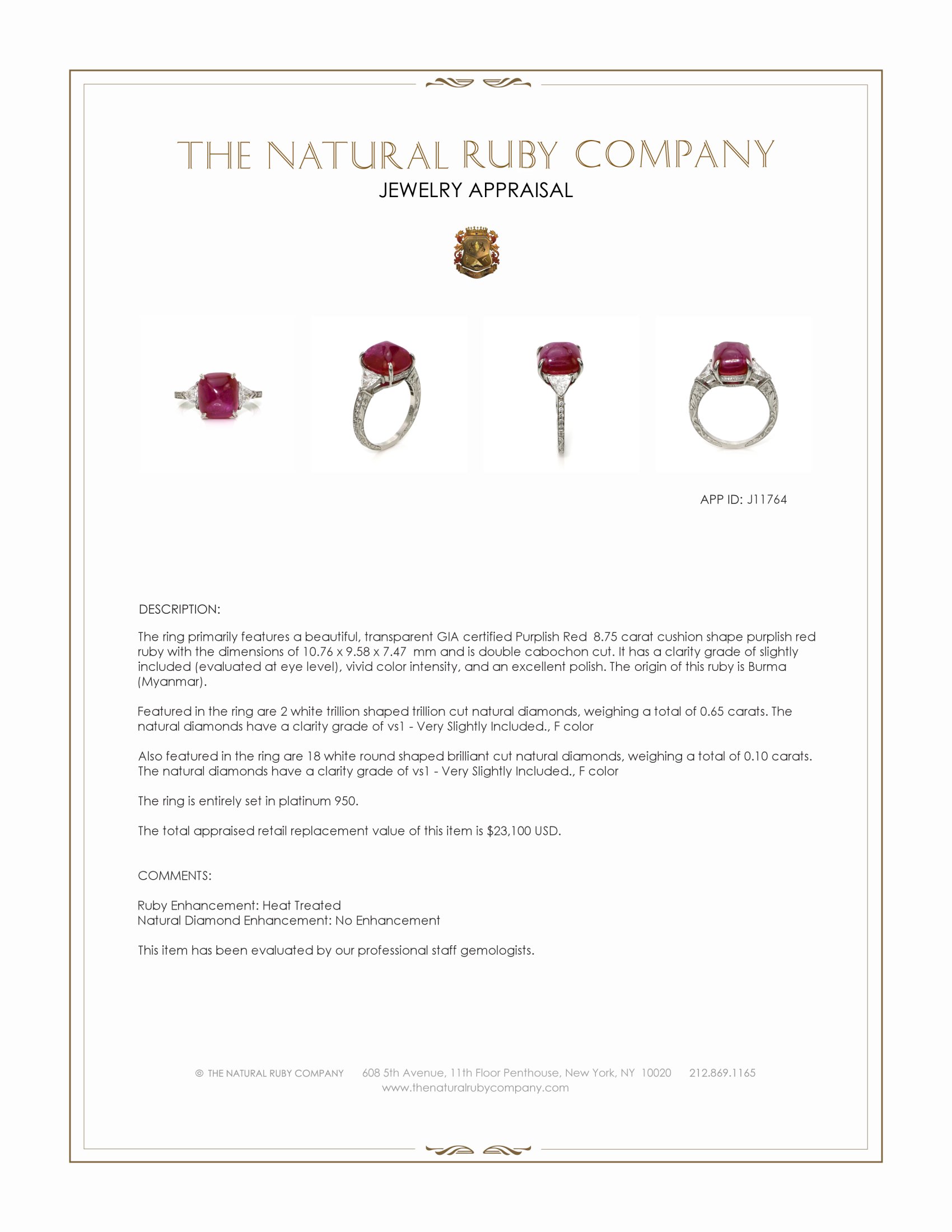 8.75 Ct. Purplish Red Ruby and Natural Diamond Antique Style Ring, Platinum 950