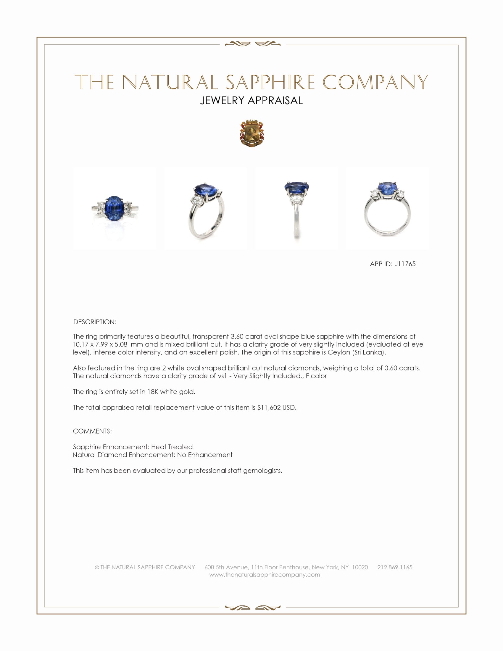 3.60 Ct. Blue Sapphire and Natural Diamond Three Stone Ring, 18K White Gold