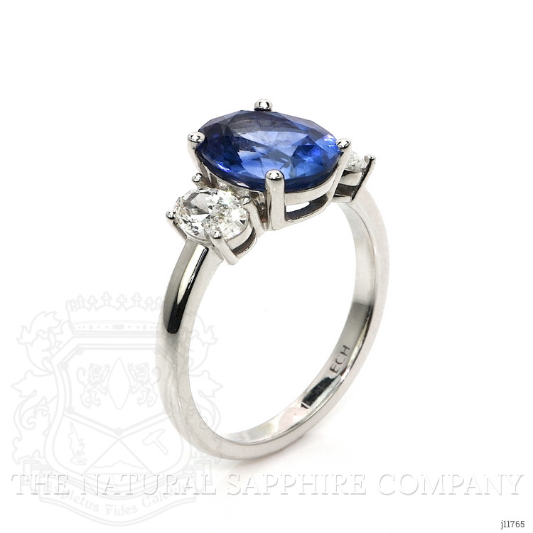 3.60 Ct. Blue Sapphire and Natural Diamond Three Stone Ring, 18K White Gold