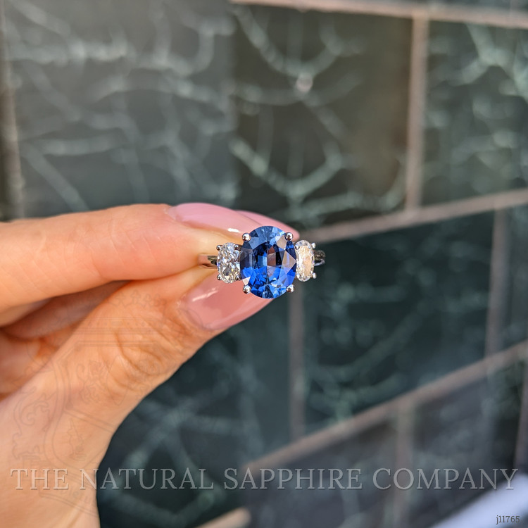 3.60 Ct. Blue Sapphire and Natural Diamond Three Stone Ring, 18K White Gold