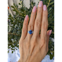 3.60 Ct. Blue Sapphire and Natural Diamond Three Stone Ring, 18K White Gold Life Style
