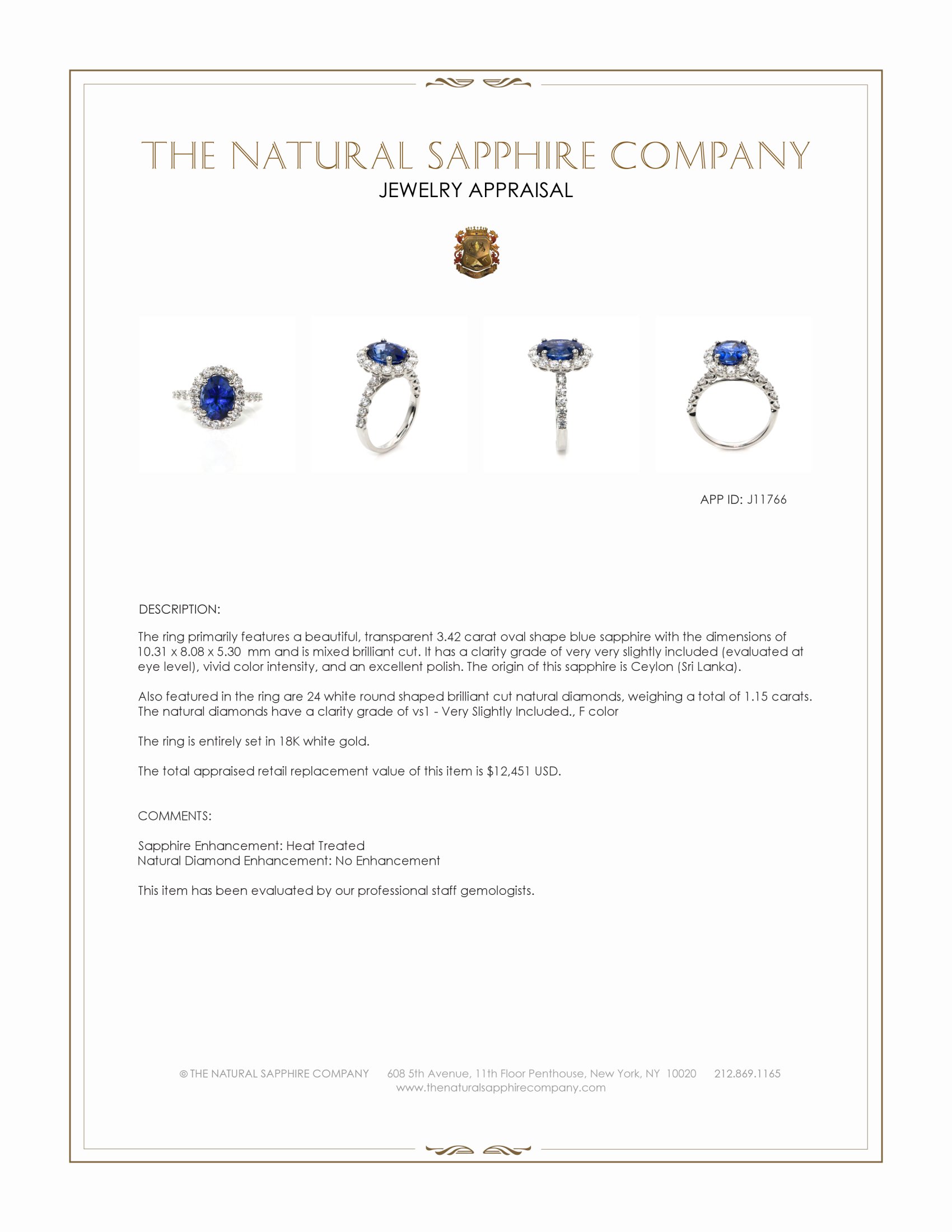 3.42 Ct. Blue Sapphire and Natural Diamond Pave Ring, 18K White Gold