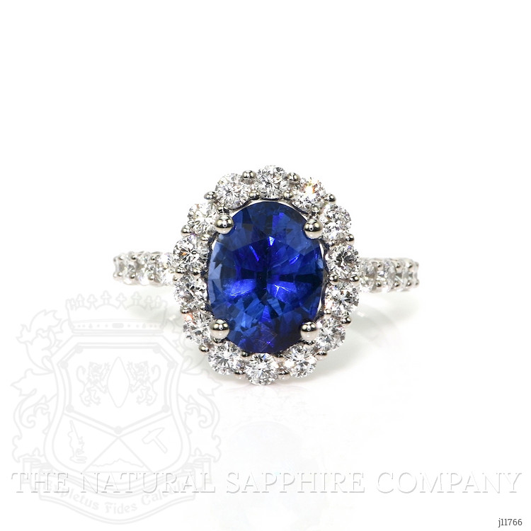 3.42 Ct. Blue Sapphire and Natural Diamond Pave Ring, 18K White Gold