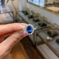 3.42 Ct. Blue Sapphire and Natural Diamond Pave Ring, 18K White Gold Life Style