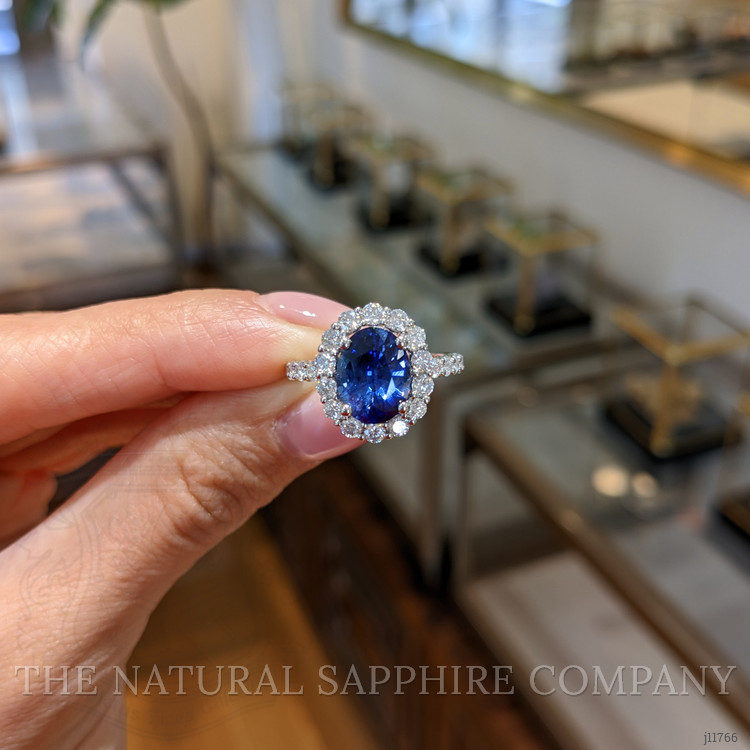 3.42 Ct. Blue Sapphire and Natural Diamond Pave Ring, 18K White Gold