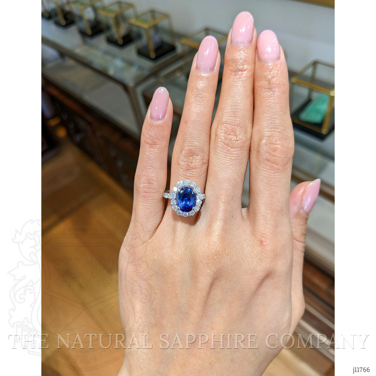 3.42 Ct. Blue Sapphire and Natural Diamond Pave Ring, 18K White Gold