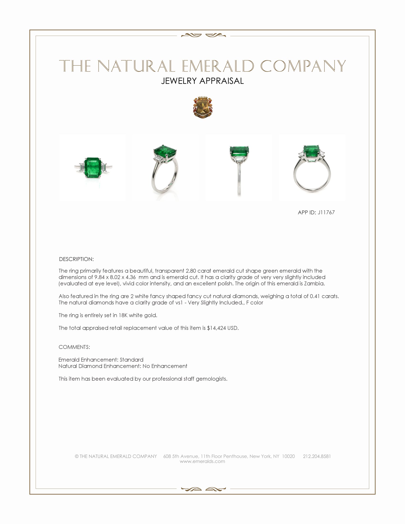 2.80 Ct. Emerald and Natural Diamond Three Stone Ring, 18K White Gold