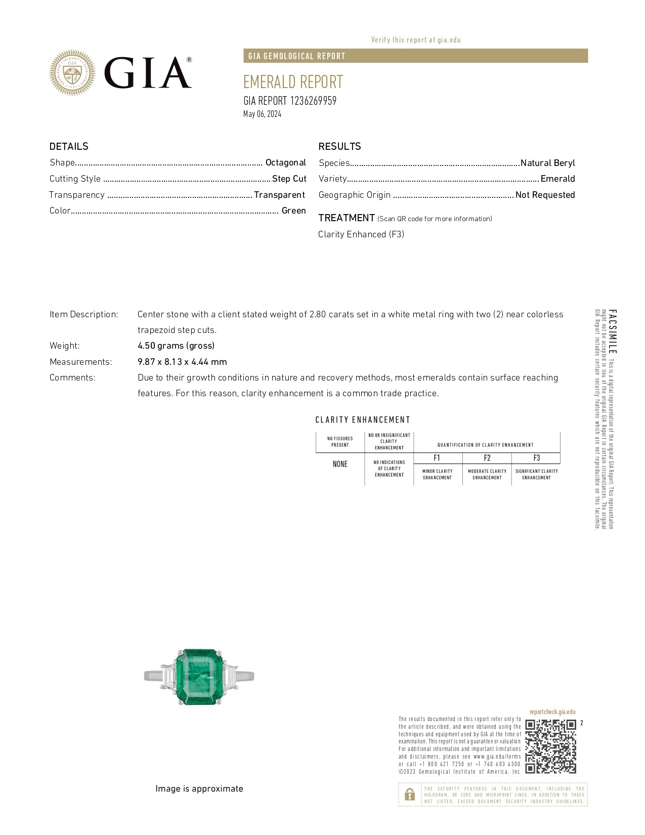 2.80 Ct. Emerald and Natural Diamond Three Stone Ring, 18K White Gold