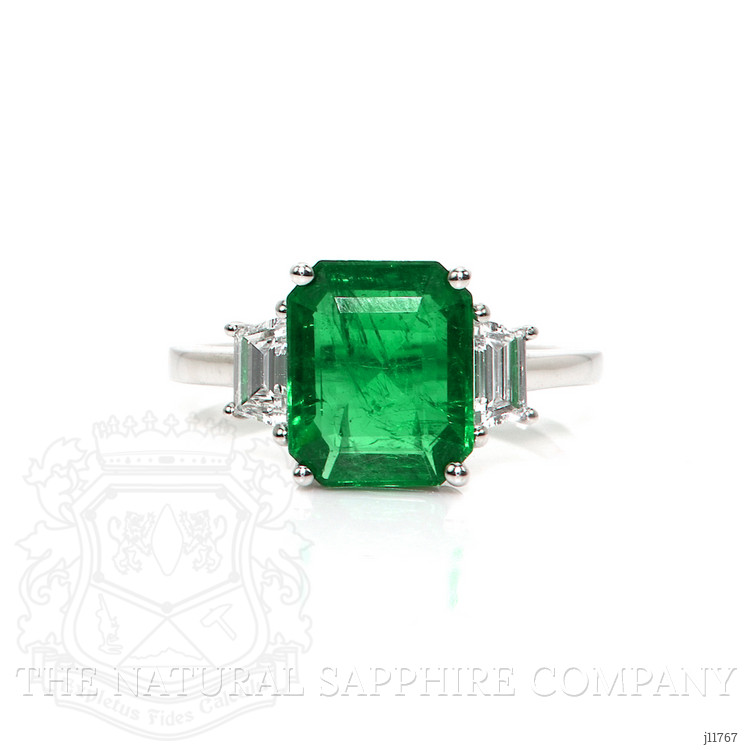 2.80 Ct. Emerald and Natural Diamond Three Stone Ring, 18K White Gold