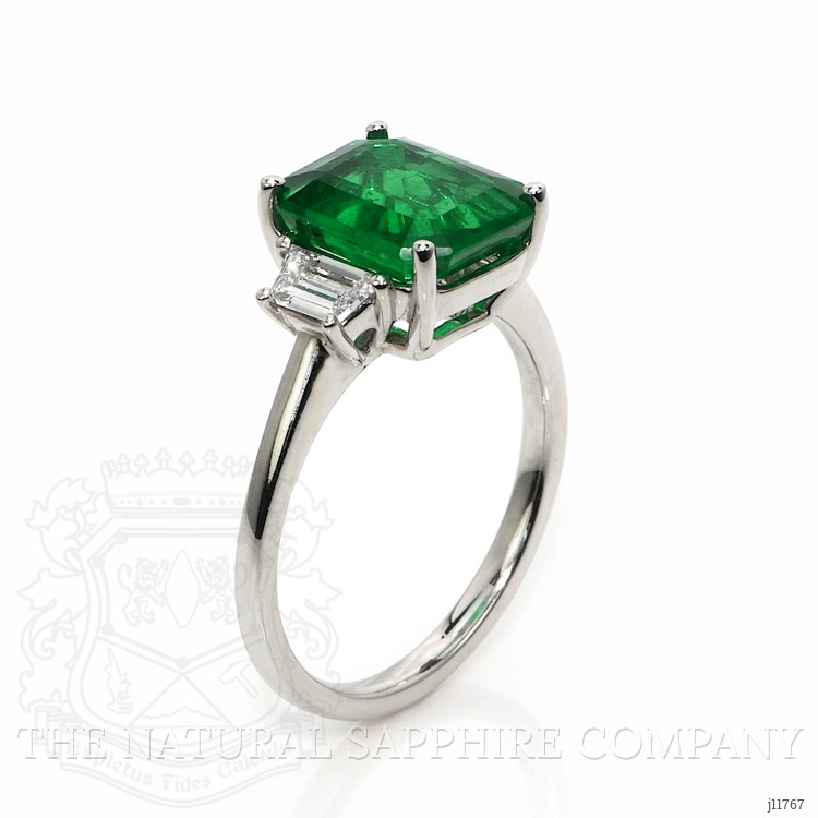 2.80 Ct. Emerald and Natural Diamond Three Stone Ring, 18K White Gold