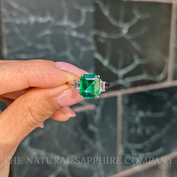 2.80 Ct. Emerald and Natural Diamond Three Stone Ring, 18K White Gold