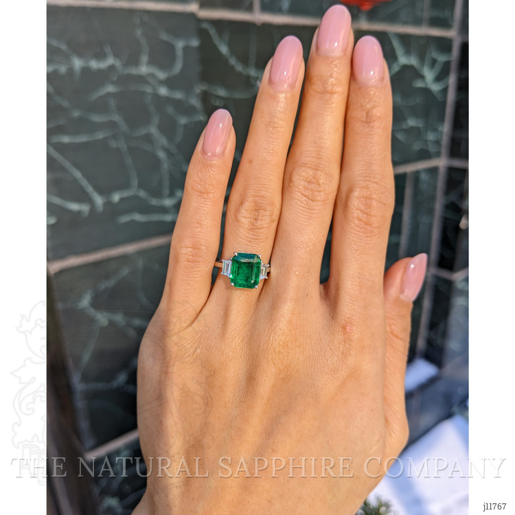 2.80 Ct. Emerald and Natural Diamond Three Stone Ring, 18K White Gold