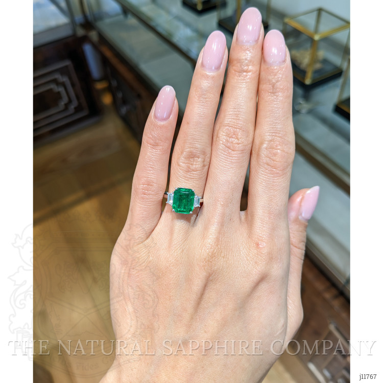 2.80 Ct. Emerald and Natural Diamond Three Stone Ring, 18K White Gold