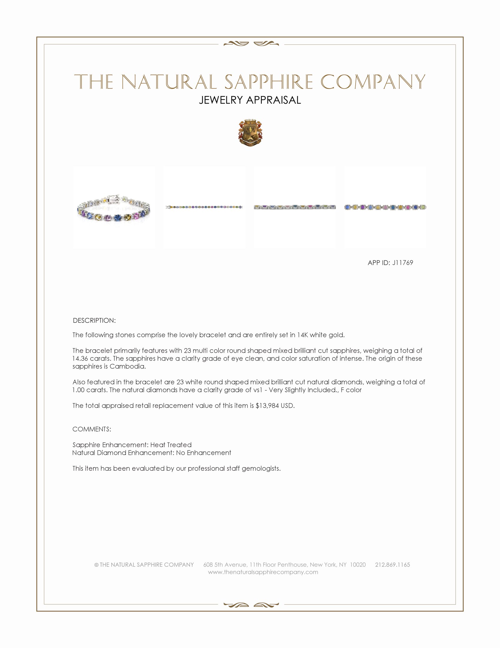 14.36 Ct.Tw. Multi Color Sapphire and Natural Diamond Tennis/Line Bracelet, 14K White Gold