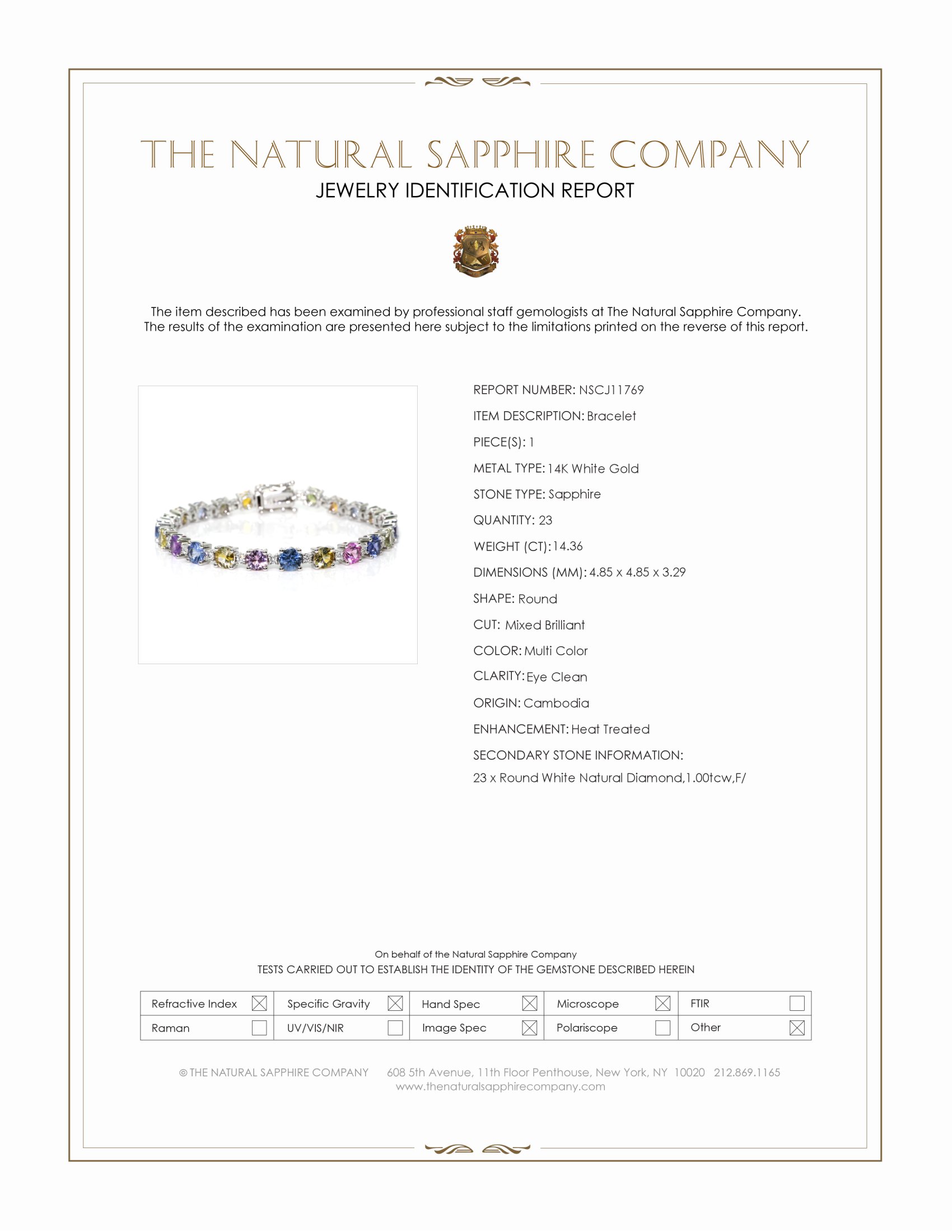 14.36 Ct.Tw. Multi Color Sapphire and Natural Diamond Tennis/Line Bracelet, 14K White Gold