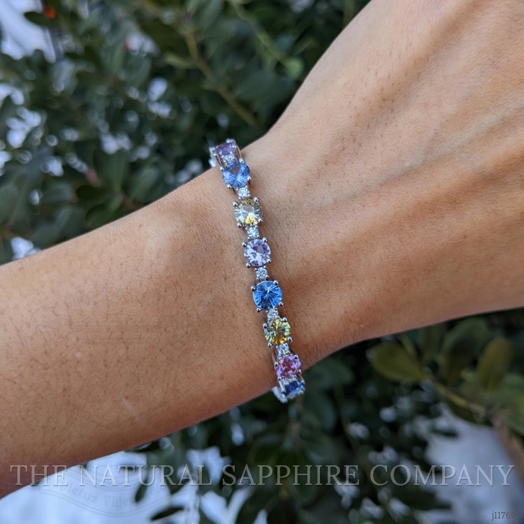 14.36 Ct.Tw. Multi Color Sapphire and Natural Diamond Tennis/Line Bracelet, 14K White Gold