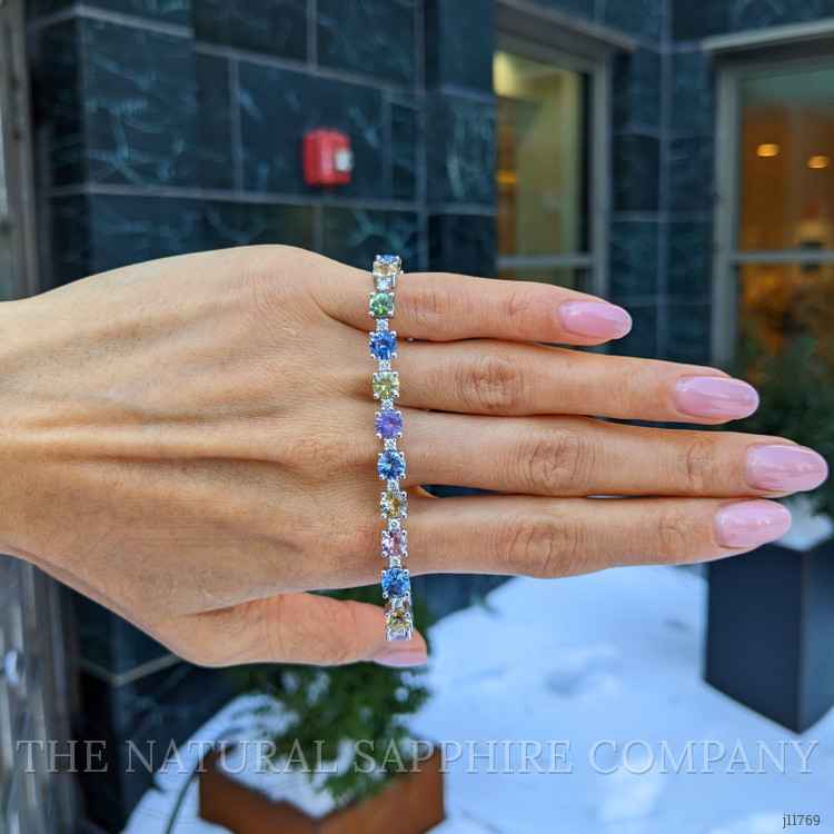 14.36 Ct.Tw. Multi Color Sapphire and Natural Diamond Tennis/Line Bracelet, 14K White Gold