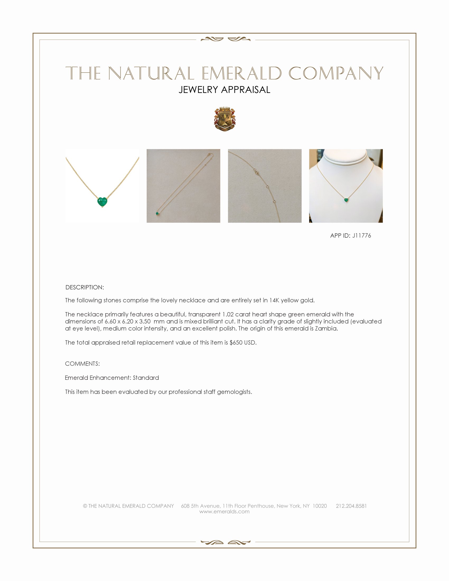 1.02 Ct. Emerald Solitaire Necklace, 14K Yellow Gold