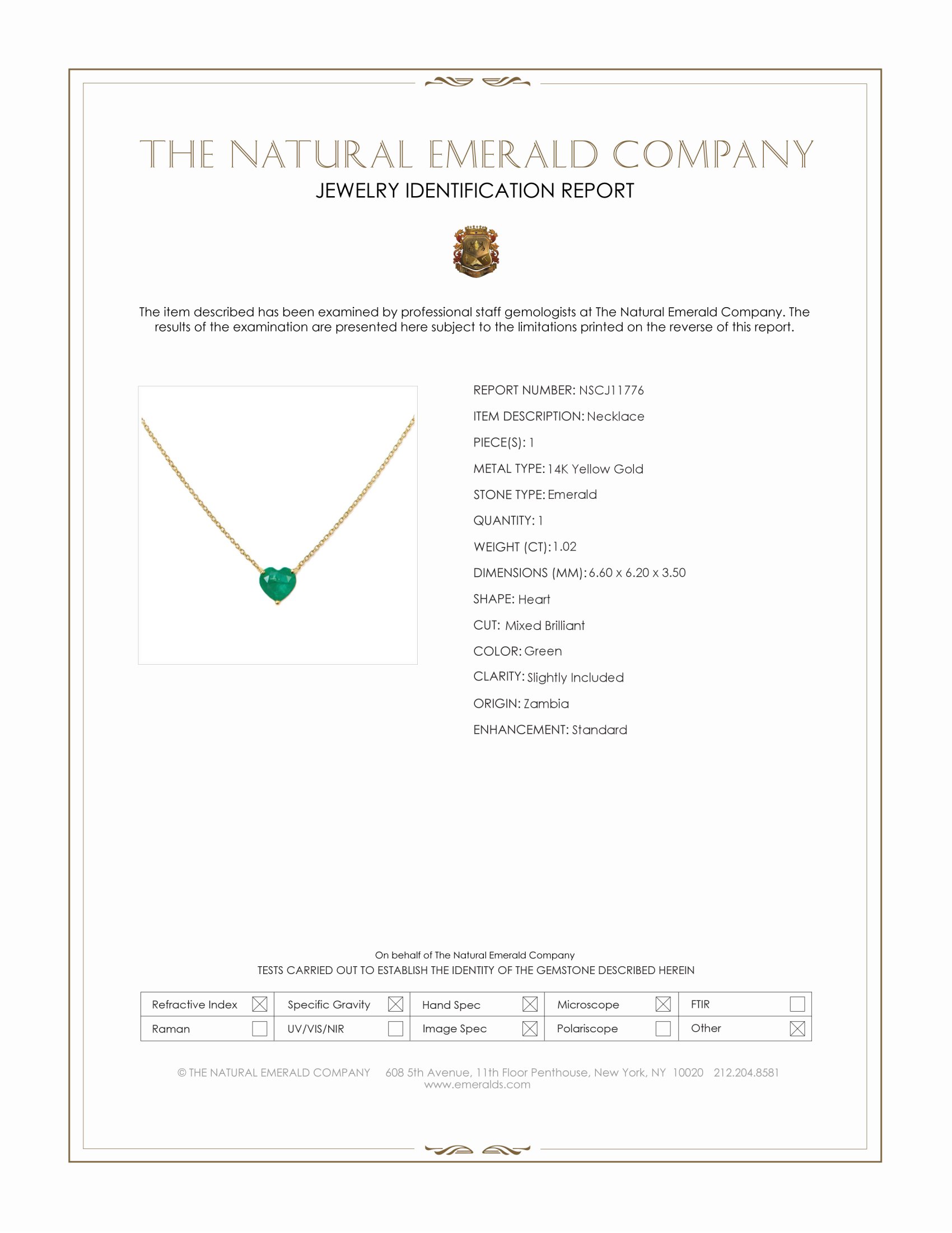 1.02 Ct. Emerald Solitaire Necklace, 14K Yellow Gold