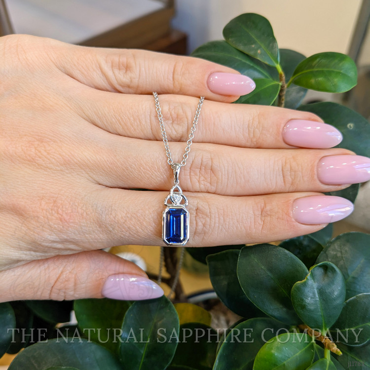 2.57 Ct. Blue Sapphire and Natural Diamond Bezel Pendant, 18K White Gold