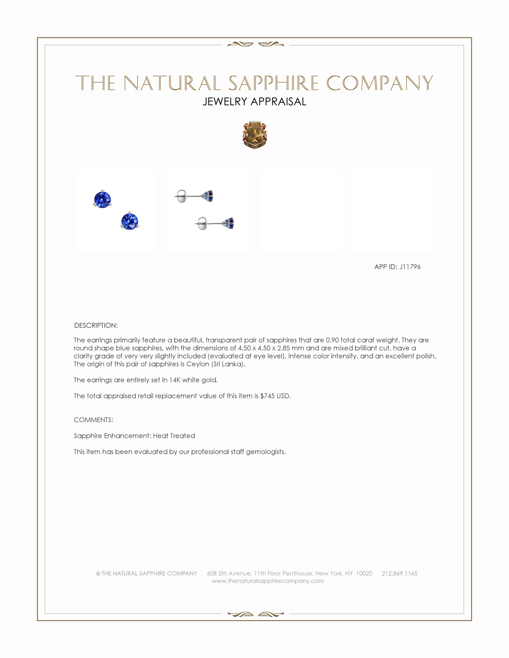 0.90 Ct.Tw. Blue Sapphire Studs Earrings, 14K White Gold