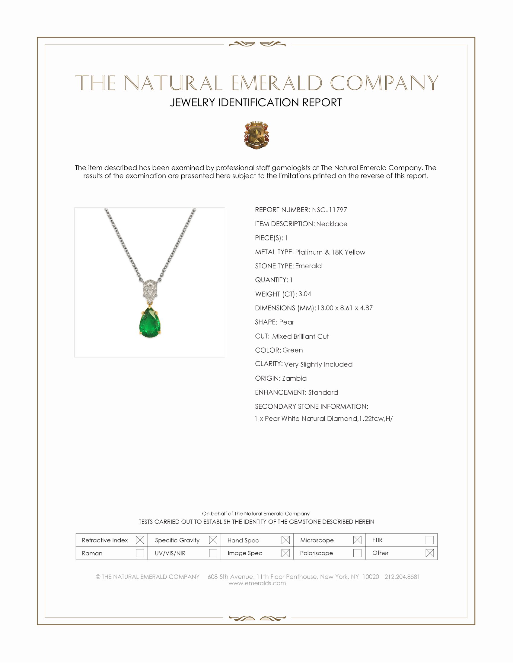 3.04 Ct. Emerald and Natural Diamond Accent Stones Necklace, Platinum & 18K Yellow
