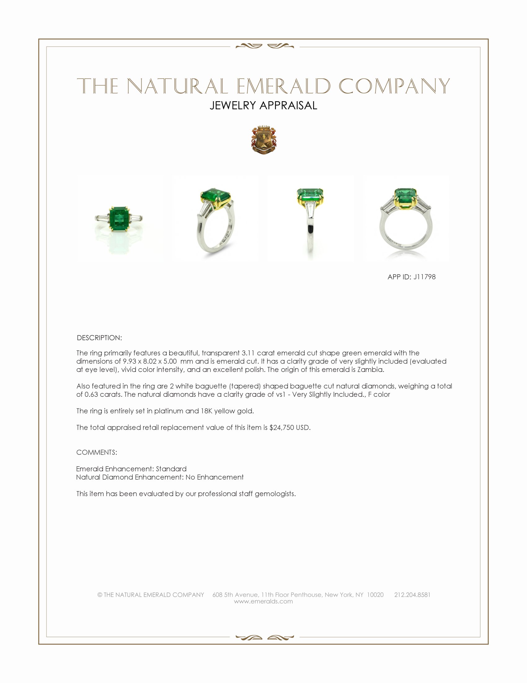 3.11 Ct. Emerald and Natural Diamond Three Stone Ring, Platinum & 18K Yellow