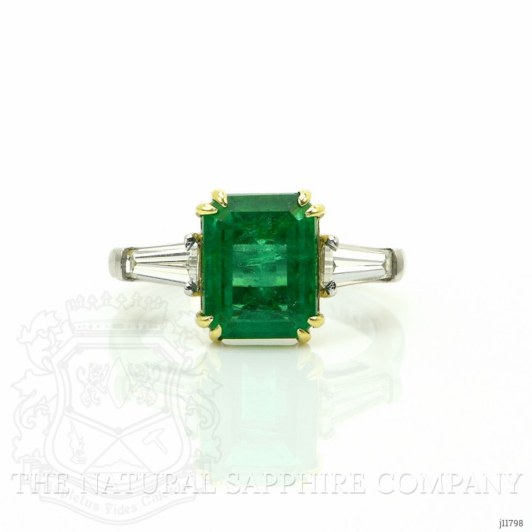 3.11 Ct. Emerald and Natural Diamond Three Stone Ring, Platinum & 18K Yellow