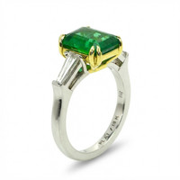 3.11 Ct. Emerald and Natural Diamond Three Stone Ring, Platinum & 18K Yellow Image